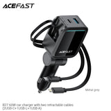 Acefast B27 60W Car Charger With Two Retractable Cables (2USB-C+1USB-L+1USB-A) - Metal Gray