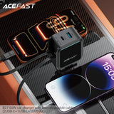 Acefast B27 60W Car Charger With Two Retractable Cables (2USB-C+1USB-L+1USB-A) - Metal Gray