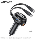 Acefast B13 53W 2-in-1 (2*USB-C) Car Charger With Retractable Cable - Black