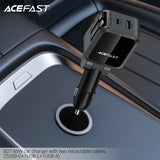 Acefast B27 60W Car Charger With Two Retractable Cables (2USB-C+1USB-L+1USB-A) - Metal Gray