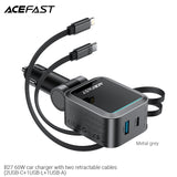 Acefast B27 60W Car Charger With Two Retractable Cables (2USB-C+1USB-L+1USB-A) - Metal Gray