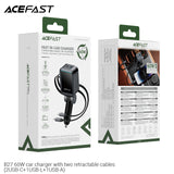 Acefast B27 60W Car Charger With Two Retractable Cables (2USB-C+1USB-L+1USB-A) - Metal Gray