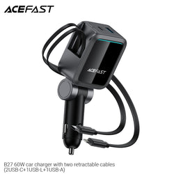 Acefast B27 60W Car Charger With Two Retractable Cables (2USB-C+1USB-L+1USB-A) - Metal Gray