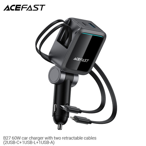 Acefast B27 60W Car Charger With Two Retractable Cables (2USB-C+1USB-L+1USB-A) - Metal Gray