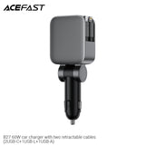 Acefast B27 60W Car Charger With Two Retractable Cables (2USB-C+1USB-L+1USB-A) - Metal Gray