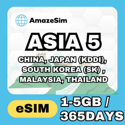 AmazeSim ASIA 5 eSIM 365 Days High speed 5G data 1-5 GB | 24H Email Delivery