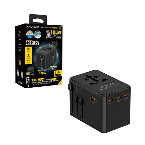 XPOWER TA100C 7 Output PD 100W Gan Traver Adapter - Black