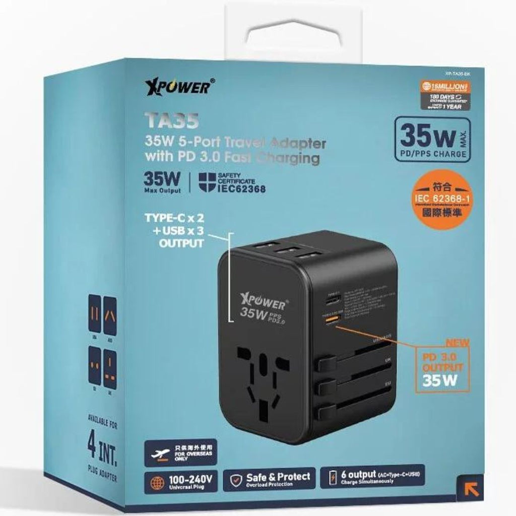 XPower TA35 35W 5-Port Travel Adapterwith PD 3.0 Fast Charging - Black ...