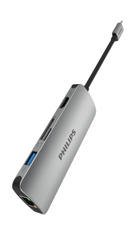 Philips DLK5526C USB C 6-in-1 Mini Hub, USB 3.0 / Type-C 60W / HDMI / LAN / SD Card Reader - Grey